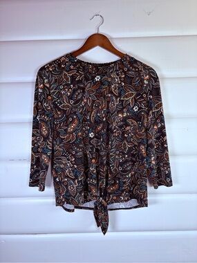 Kim & Cami Paisley Boho Tie Front 3/4 Sleeve Blouse Small
